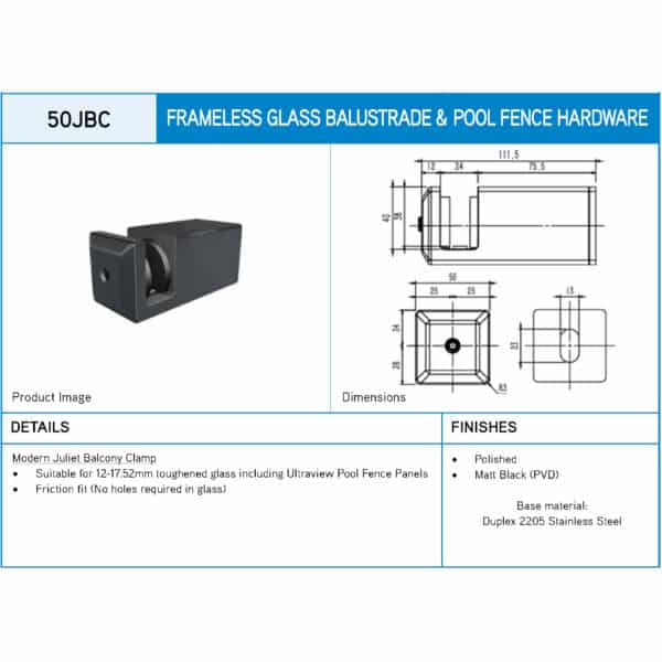 Modern Juliet Balcony SGP Face Fixed Clamp (50JBC)