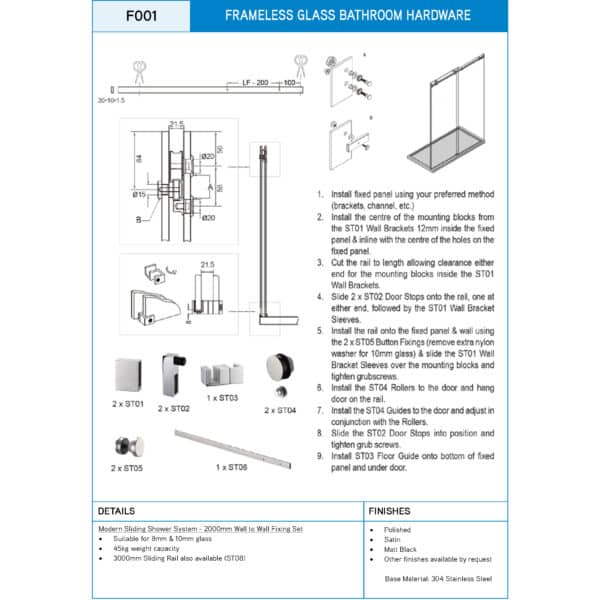 Aquaslide 2000 Frameless Sliding Shower Kit (AS2000)