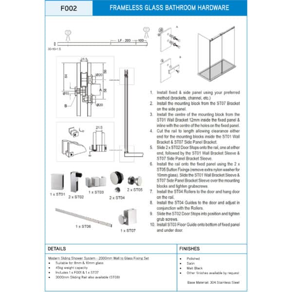 Aquaslide 2000 Frameless Sliding Shower Kit (AS2000)