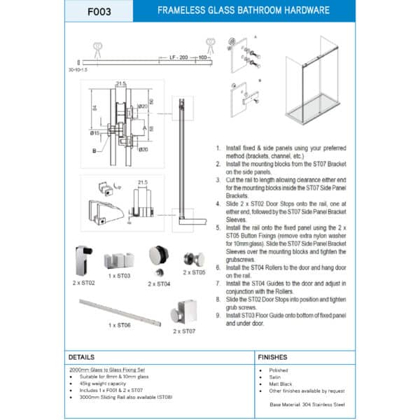 Aquaslide 2000 Frameless Sliding Shower Kit (AS2000)