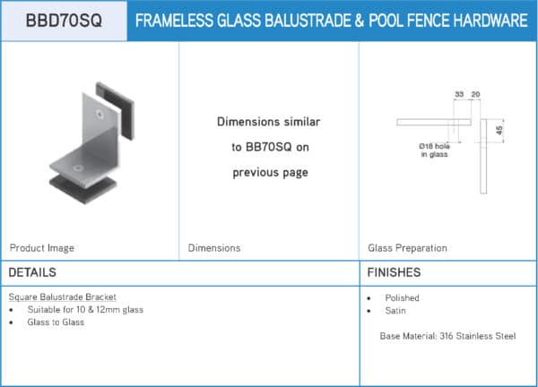 Elite Square Glass Mount Bracket (BBD70.SQ)
