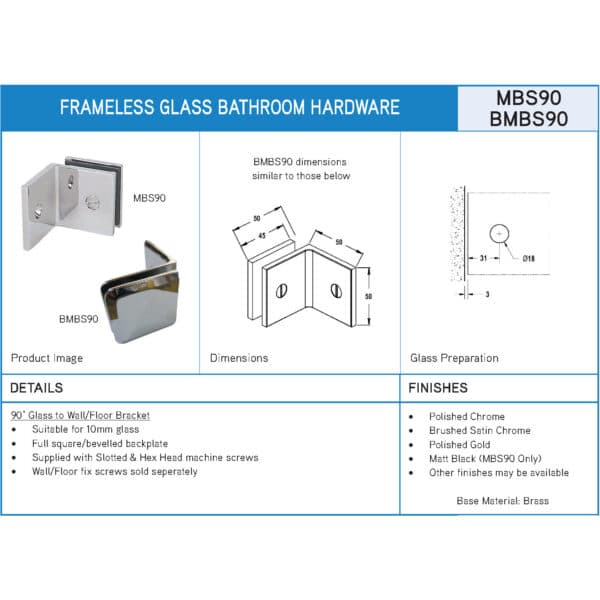 Modern Bevel 90° Glass to Wall/Floor Shower Bracket (BMBS90)