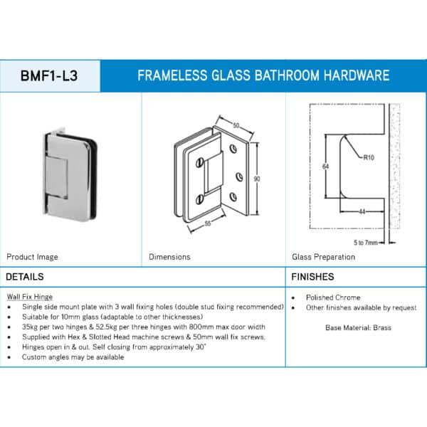 Modern Bevel Glass to Wall Heavyweight Shower Hinge (BMF1-L3)