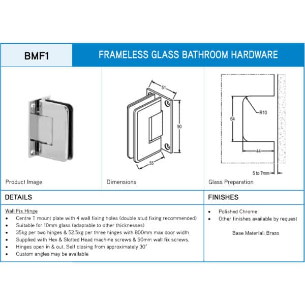 Modern Bevel Glass to Wall Heavyweight Shower Hinges (BMF1)