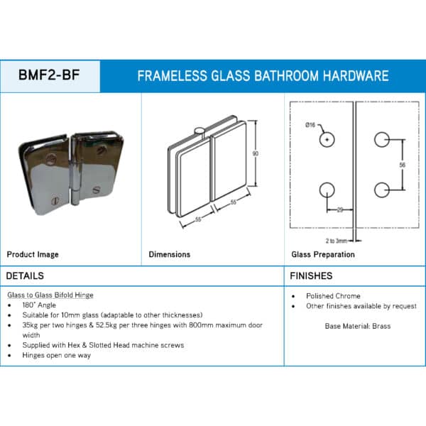Modern Bevel 180° Glass to Glass Bifold Heavyweight Shower Hinge (BMF2-BF)