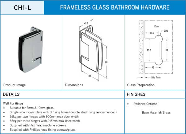 Crest 90° Polished Chrome Glass to Wall Heavyweight Shower Hinge (CH1-L C)