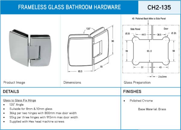 Crest 135° Glass to Glass Heavyweight Shower Hinge (CH2-135 C)