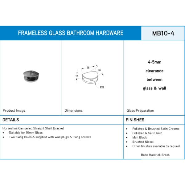 Modern Horseshoe Glass Shelf Bracket for 10mm Glass (MB10-4)