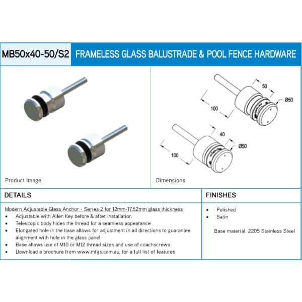 Modern Ø50mm Adjustable Glass Anchor (MB50x40-50/S2)