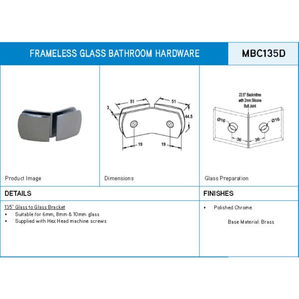 Polished Chrome 135° Crest Glass to Glass Shower Bracket