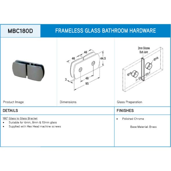 Polished Chrome 180° Crest Glass to Glass Shower Bracket