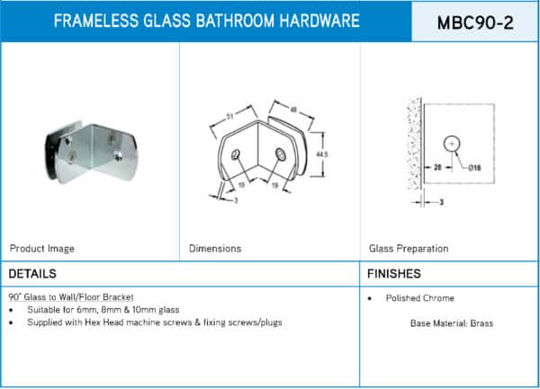 Polished Chrome 90° Crest Glass to Wall Shower Bracket