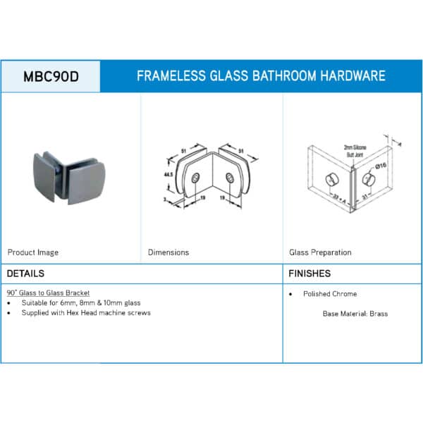 Polished Chrome 90° Crest Glass to Glass Shower Bracket