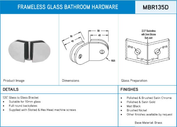 Modern 135° Round Glass to Glass Shower Bracket (MBR135D)