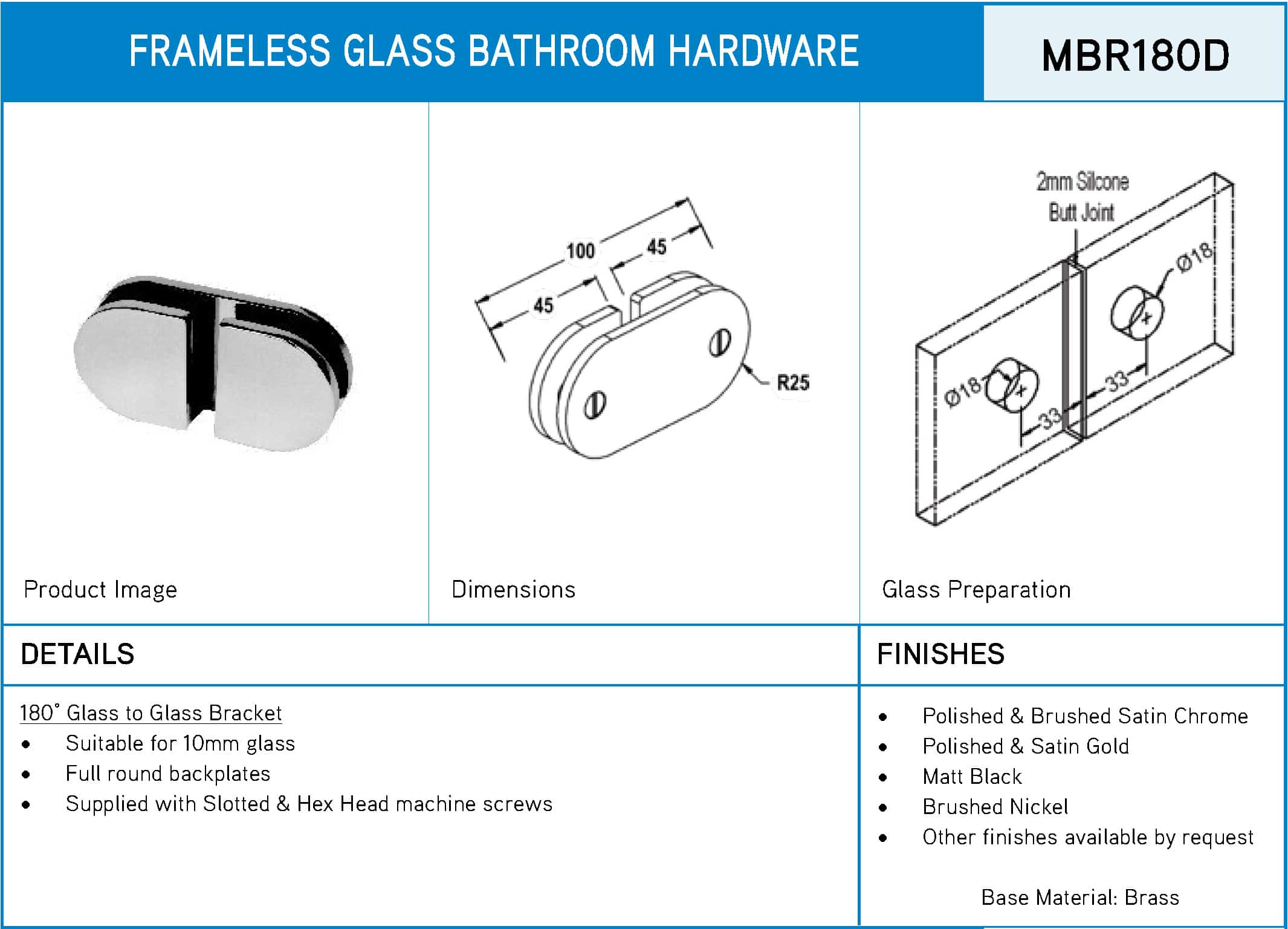 Modern 180° Round Glass to Glass Shower Bracket (MBR180D) - Image 5