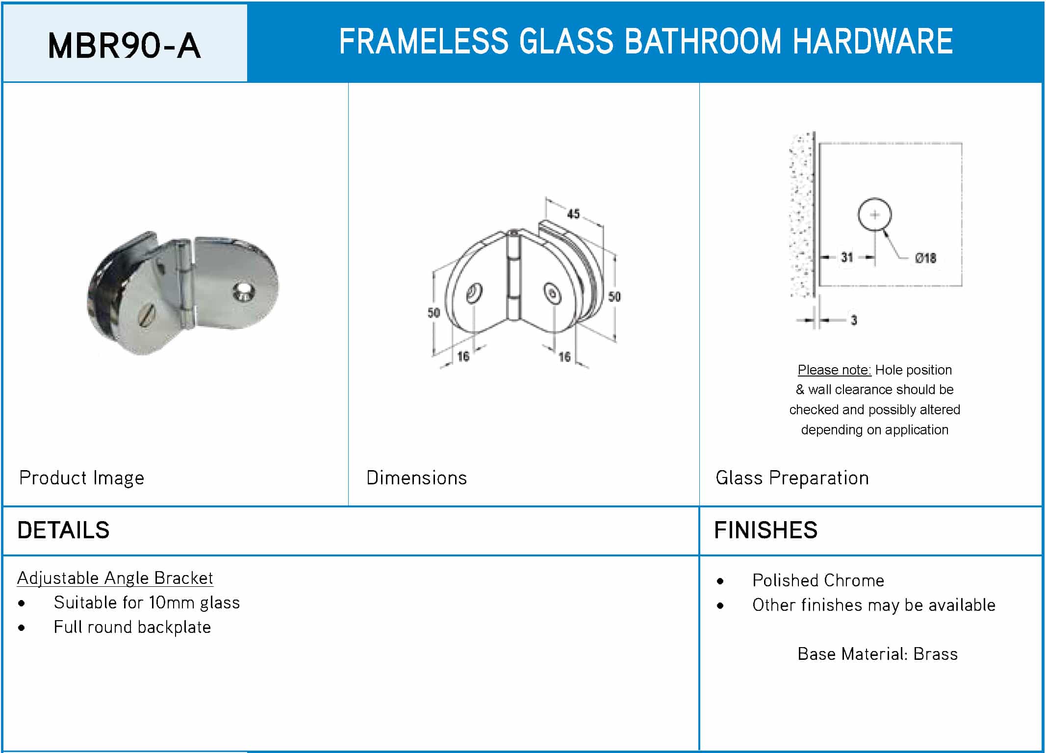 Modern 90° Round Adjustable Glass to Wall Shower Bracket (MBR90-A) - Image 6