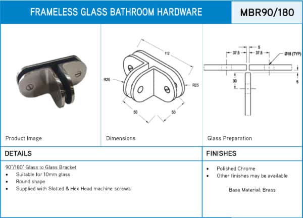 Modern 90°/180° Round Glass to Glass Shower T Bracket (MBR90/180)