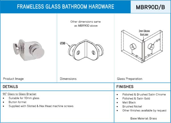 Modern 90° Round Glass to Glass Shower Bracket (MBR90D/B)