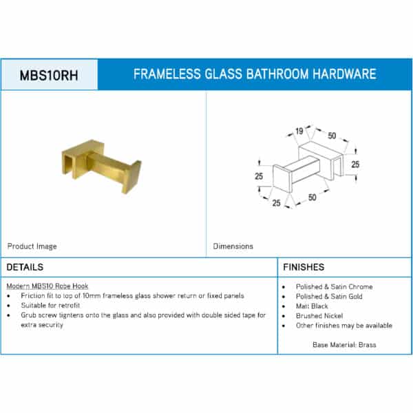 Modern Square Friction Fit Robe Hook for 10mm Glass (MBS10RH)