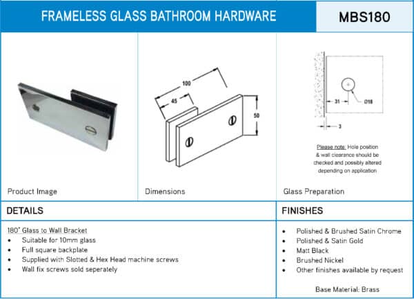 Modern/Elite 180° Square Glass to Wall Shower Bracket (MBS180/SB180.SQ)