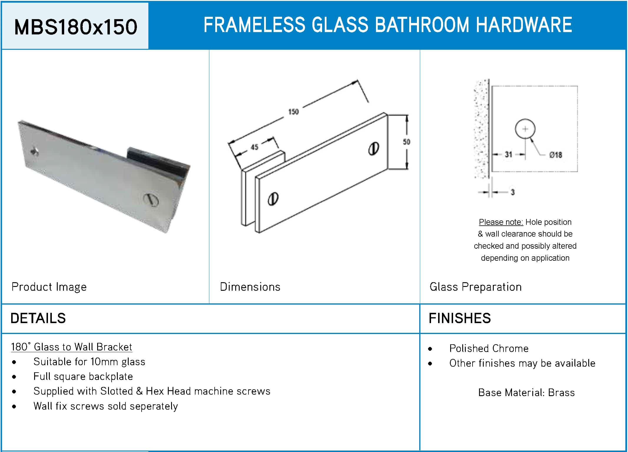 Modern 180° Square Glass to Wall Shower Bracket (MBS180x150) - Image 6