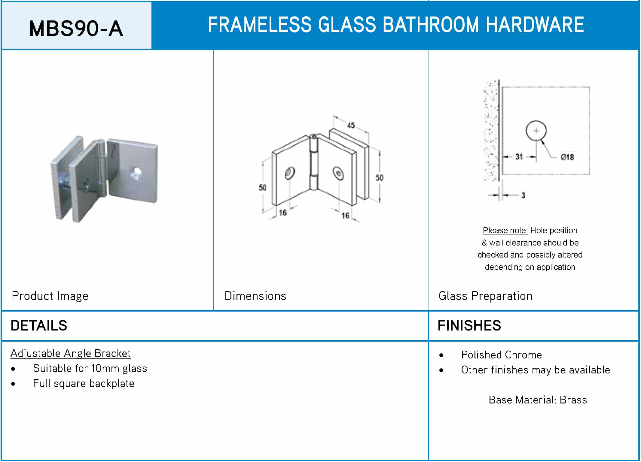 Modern 90° Square Adjustable Glass to Wall Shower Bracket (MBS90-A) - Image 6