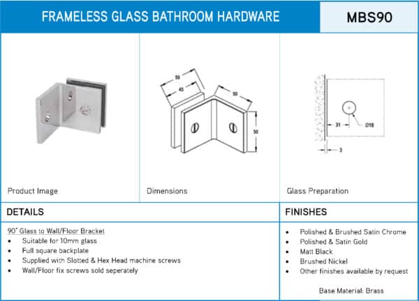 Modern/Elite 90° Square Glass to Wall / Floor Shower Bracket (MBS90/SB50.SQ)