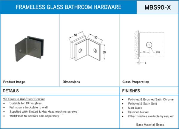 Modern 90° Square Glass to Wall Shower Bracket with extended backplate (MBS90-X)