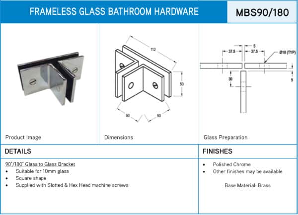 Modern-Elite 90°/180° Square Glass to Glass Shower T Bracket (MBS90/180-SBT180.SQ)