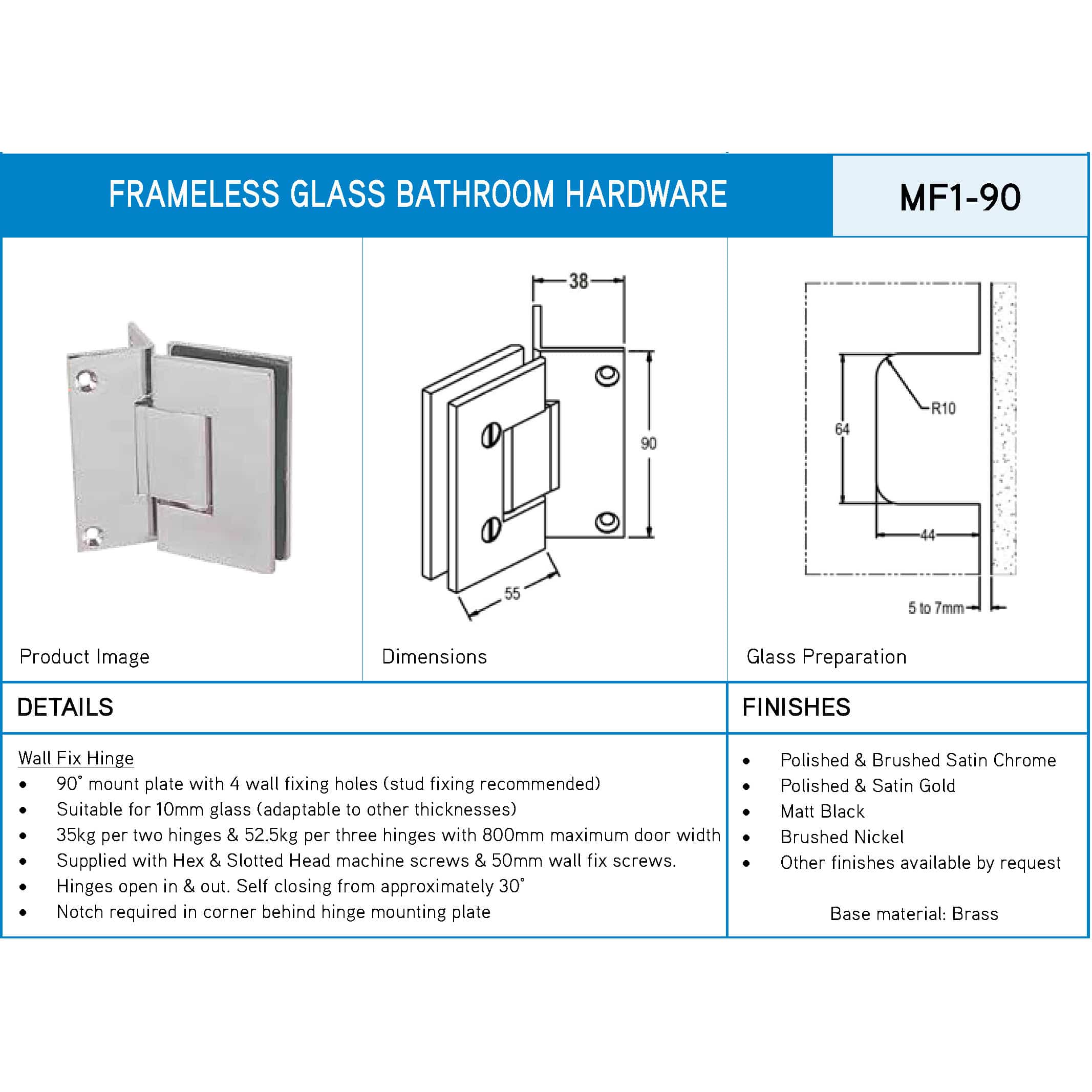 Modern 90° Glass to Wall Heavyweight Shower Hinge (MF1-90) - Image 6