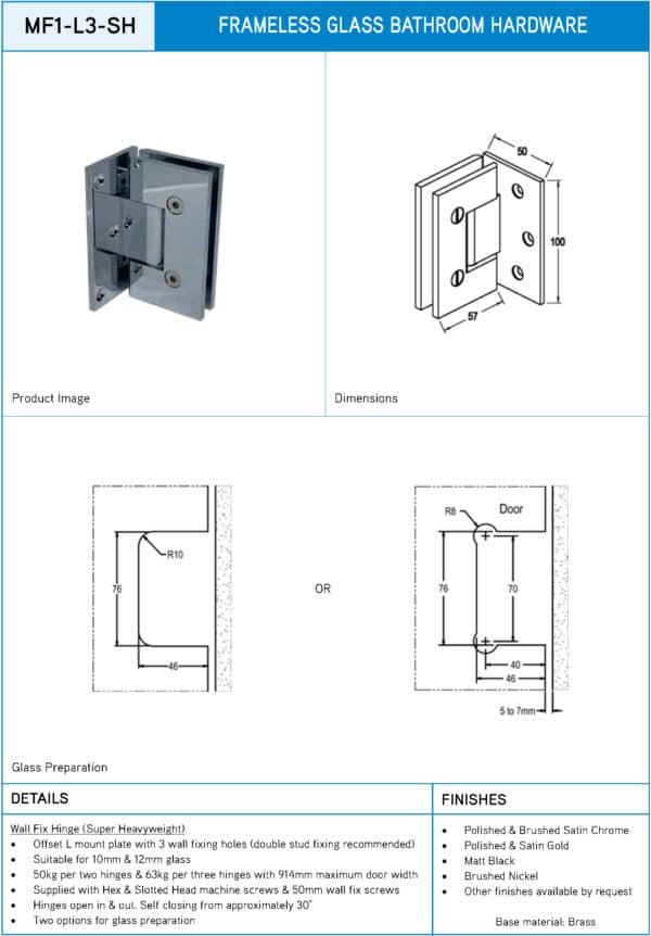 Modern/Elite 90° Glass to Wall Super Heavyweight Shower Hinge (MF1-L3 SH/HD.ES1L3)