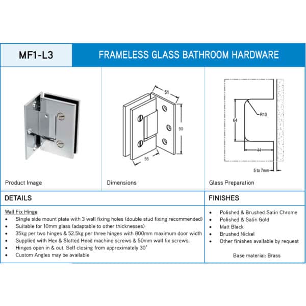 Modern/Elite 90° Glass to Wall Heavyweight Shower Hinge (MF1-L3/ES1L3)