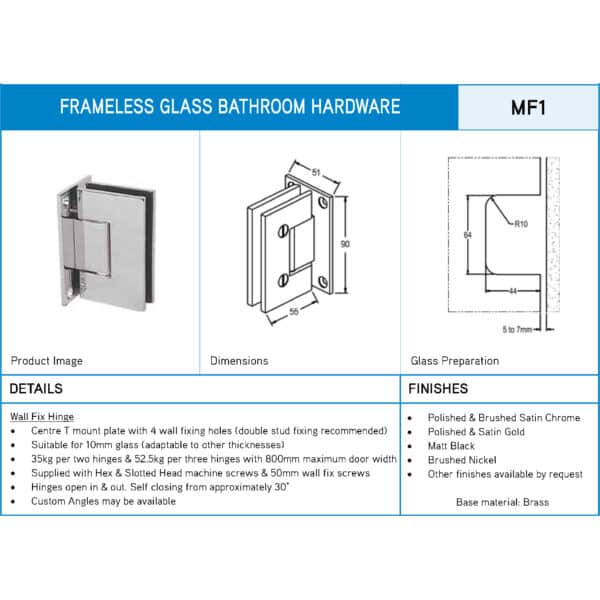 Modern/Elite 90° Glass to Wall Heavyweight Shower Hinge (MF1/ES1)