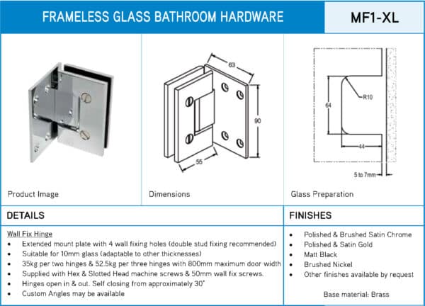 Modern/Elite 90° Glass to Wall Heavyweight Shower Hinge (MF1-XL/ES1LCBP)
