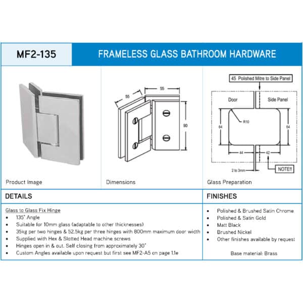 Modern/Elite 135° Glass to Glass Heavyweight Shower Hinge (MF2-135/ES2.135)