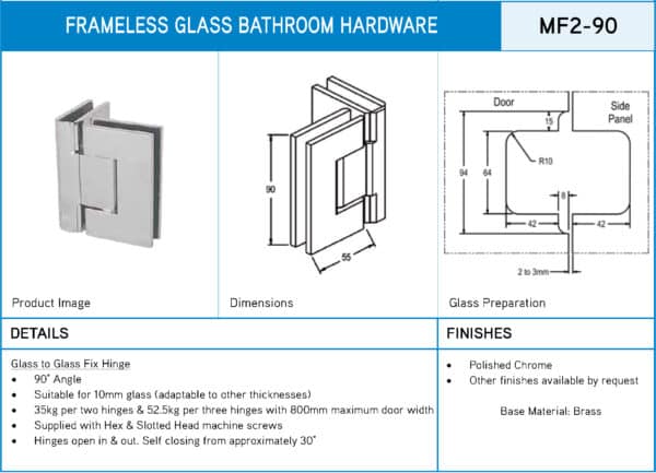 Modern/Elite 90° Glass to Glass Heavyweight Shower Hinge (MF2-90/ES2.90)