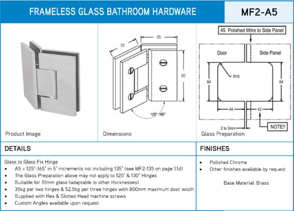 Modern Glass to Glass Heavyweight Shower Hinge from 125°-165° Angles in 5° increments (MF2-...)
