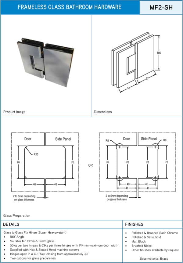 Modern/Elite 180° Glass to Glass Super Heavyweight Shower Hinge (MF2-SH/HD.ES2)