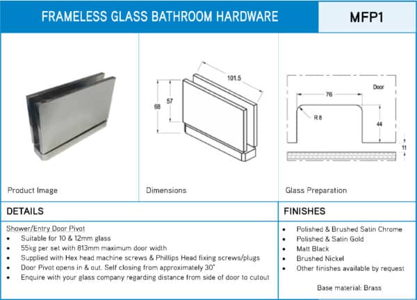 Modern/Elite Heavyweight Frameless Glass Shower Pivot (MFP1/BOS200)