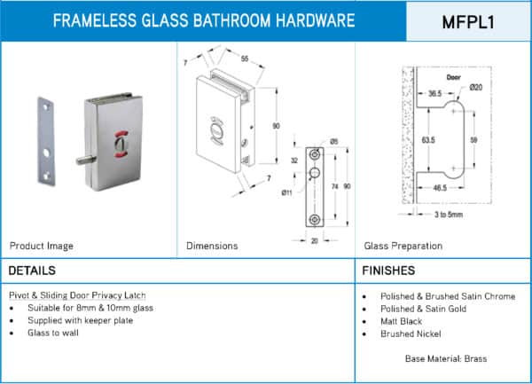 Modern Square Glass to Wall Pivot Door Privacy Latch (MFPL1)
