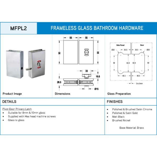 Modern Square Glass to Glass Pivot Door Privacy Latch (MFPL2)