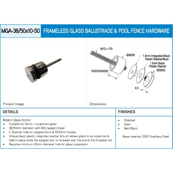 Modern Ø38mm Fixed Length Glass Anchor (MGA-38x...)