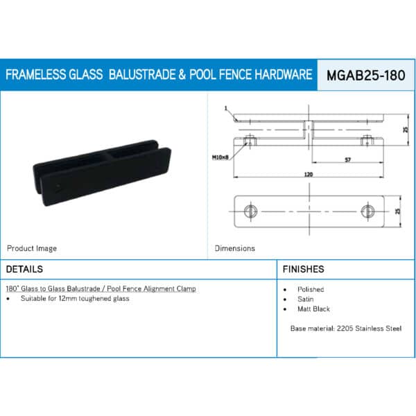 Modern 180° Glass to Glass Alignment Bracket (MGAB25-180)