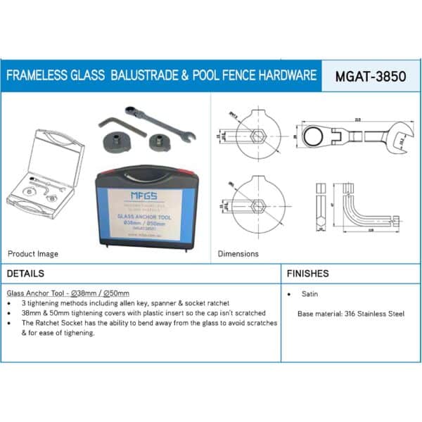 Modern Glass Anchor Tightening Tool Set to suit Ø38mm and Ø50mm