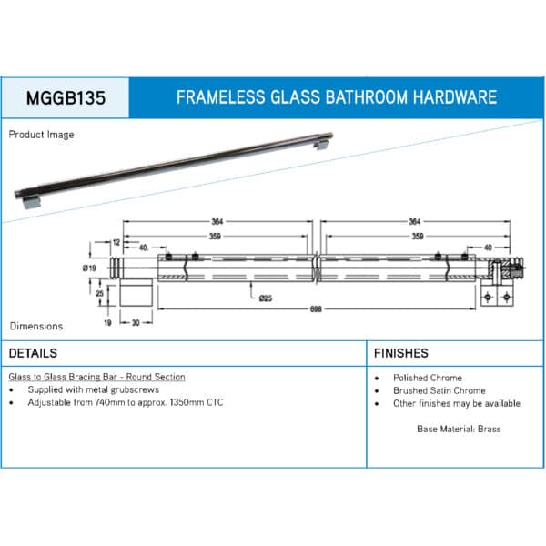 Modern 135° Round Adjustable Glass to Glass Shower Bracing Bar (MGGB135)