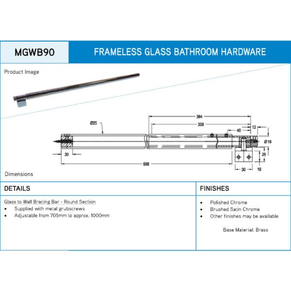 Modern 90° Round Adjustable Glass to Wall Shower Bracing Bar (MGWB90)