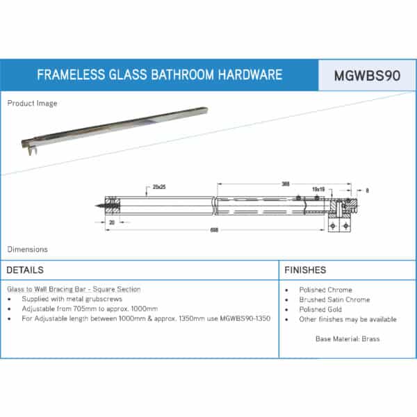 Modern 90° Square Adjustable Glass to Wall Shower Bracing Bar (MGWBS90)