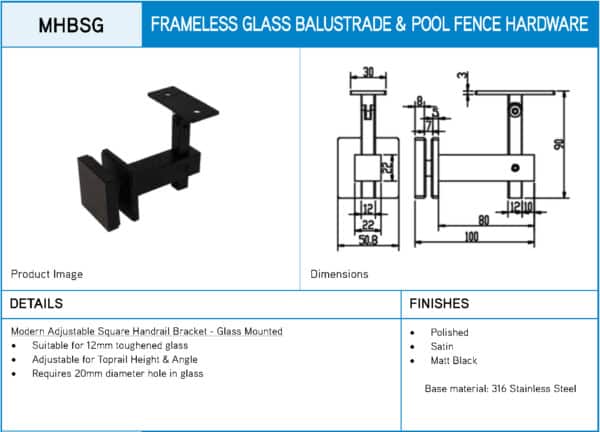 Modern Square Adjustable Height Glass Mounted Handrail Bracket (MHBSG)