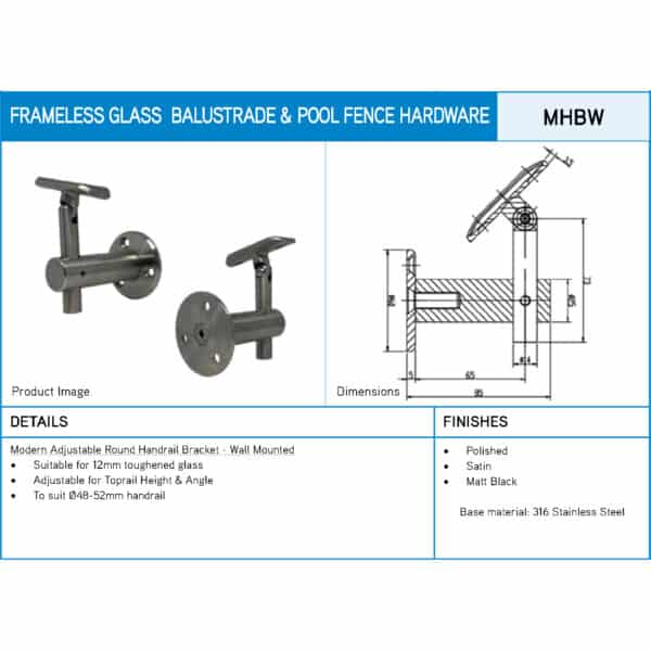 Modern Round Adjustable Height Wall Mounted Handrail Bracket (MHBW)