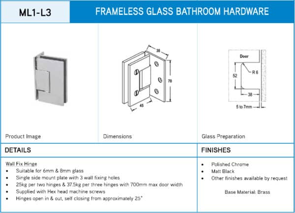 Modern/Elite 90° Glass to Wall Lightweight Shower Hinge (ML1-L3/CMES1L3)